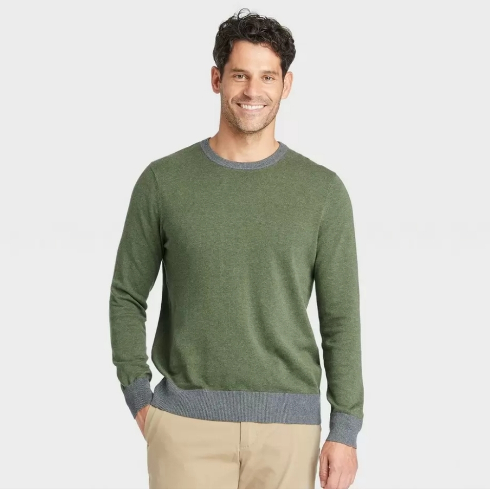 New! Goodfellow Men's Long Sleeve Crew-Neck Sweater Green/Gray
